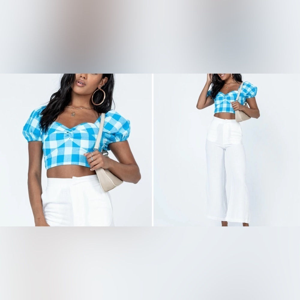 Princess Polly BRAESIDE TOP gingham plaid BLUE crop shirt puff sleeve Colton top